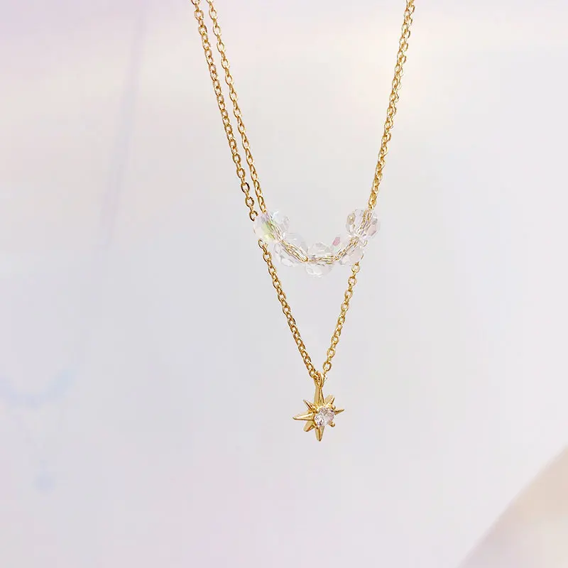 JUWANG Elegant Simple Double Layer Lady Necklaces Temperament Exquisite Stars Shine Zircon Necklace Engagement Luxury Jewelry