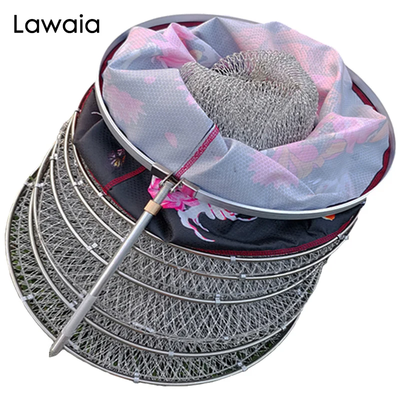 Lawaia Gray Braided Fishing Net Cage Stainless Steel Ring Racket String Folding Colorful Patterned Cloth Fishing Cage Small Mesh