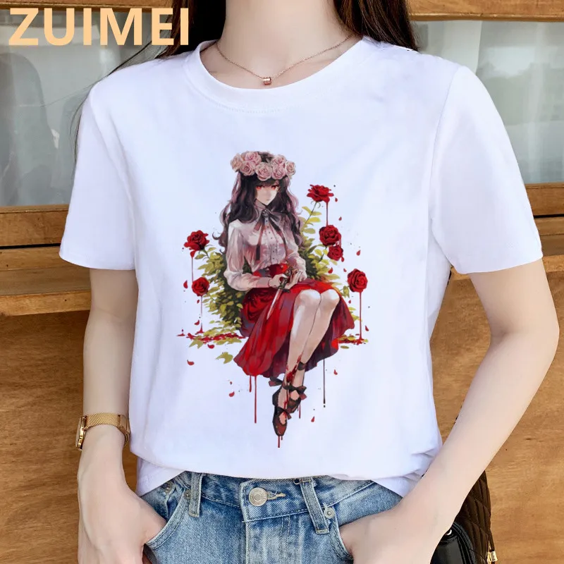 Camiseta de manga curta Harajuku feminina, desenho animado estampado na moda menina bonita, blusa casual feminina, gola-O básica, navio drop