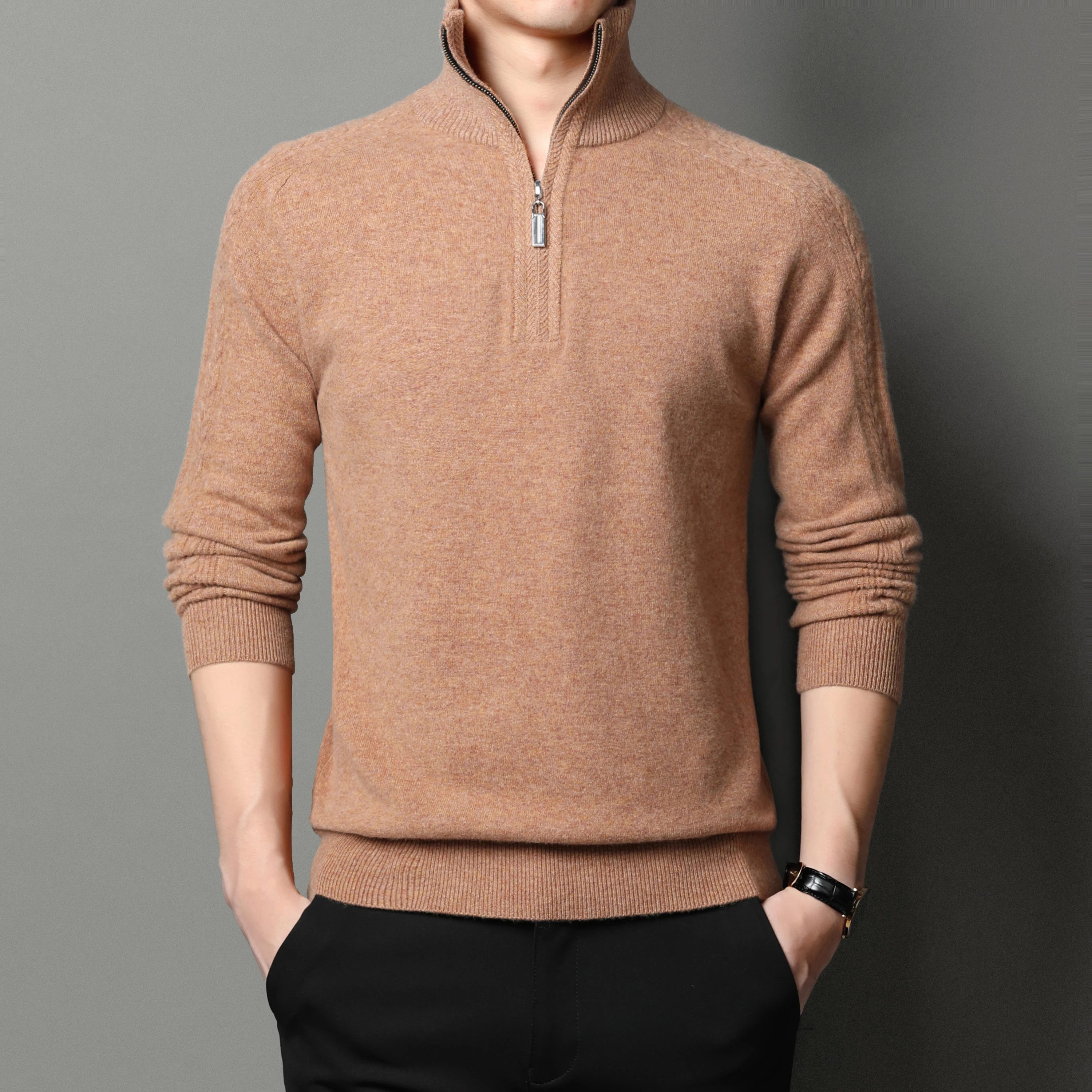 New 2021 Men's Cashmere Zipper Sweater Autumn & Winter 100% Wool Turtleneck Jumper Male Solid Color Pure Wool Knitwear Pullover