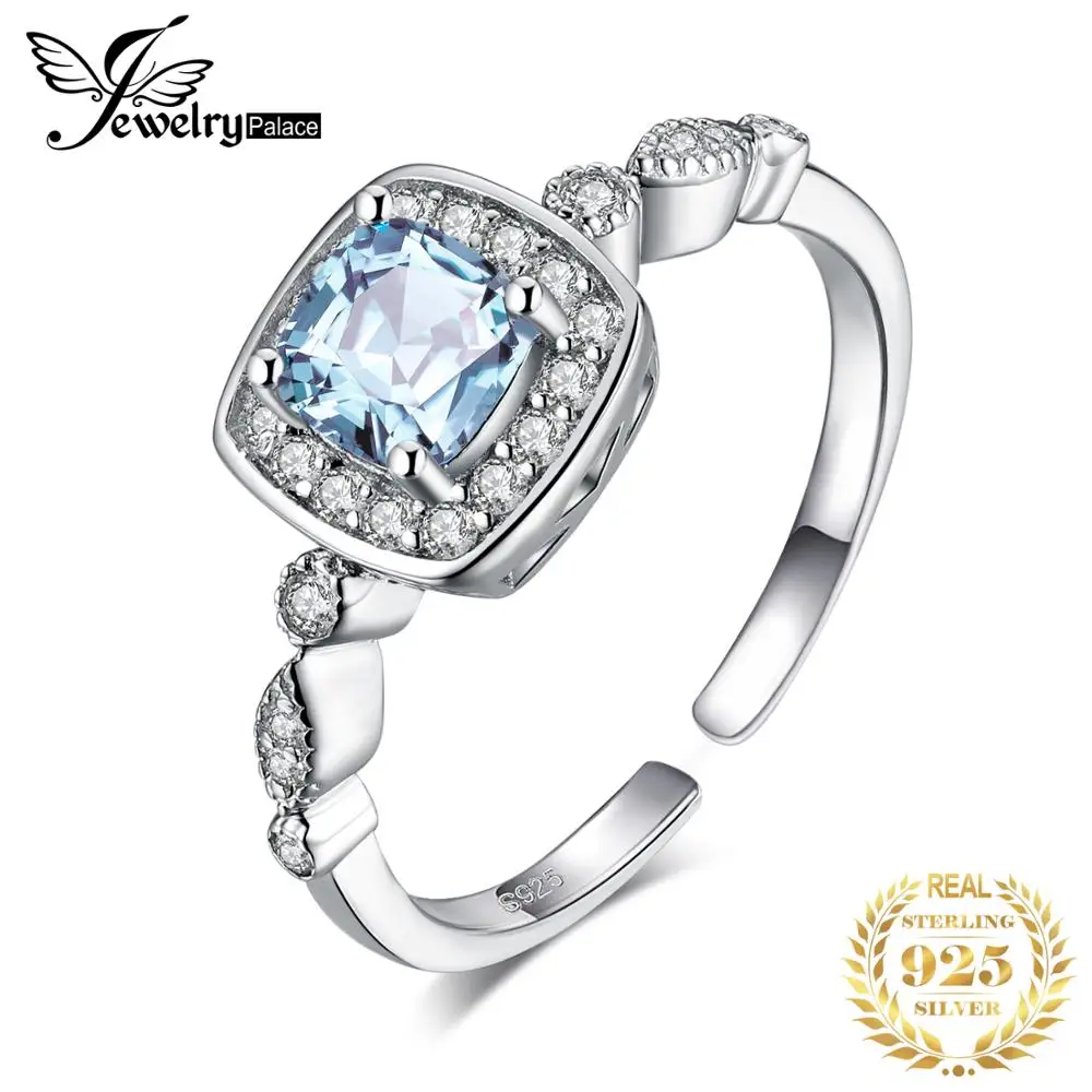 

JewelryPalace Genuine Blue Topaz 925 Sterling Silver Ring Open Adjustable Promise Halo Engagement Ring for Women Jewelry