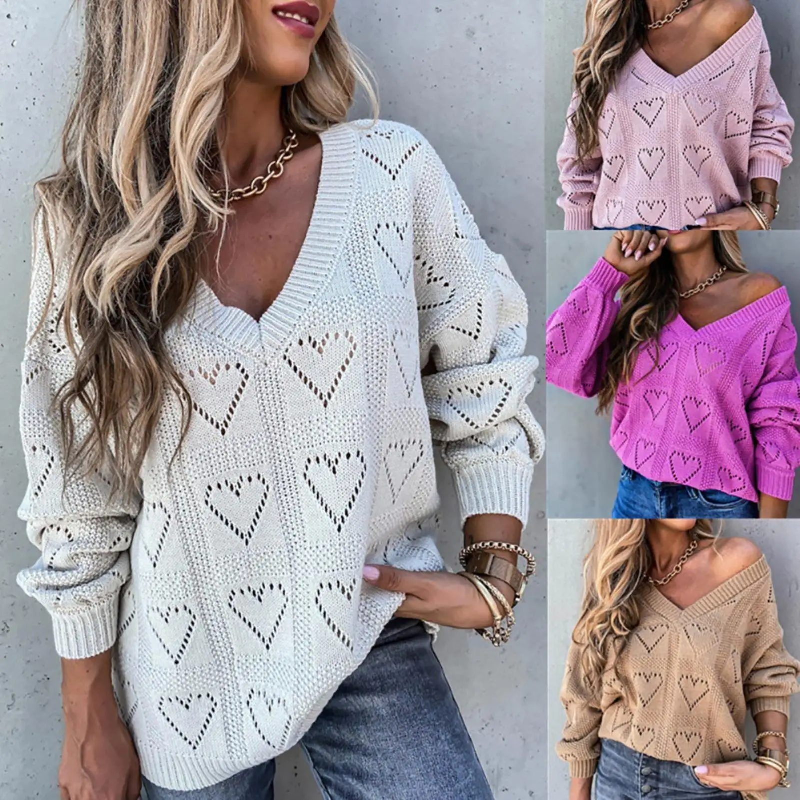 Hollow Crochet Sweater Women Autumn Winter Love Heart Loose Knitwear  Women\'s Clothing кофта женская pull femme 2023