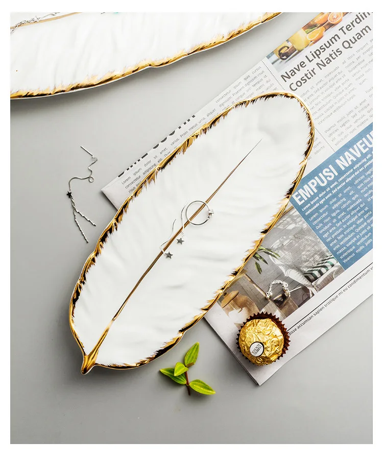 Gold Plating Ceramic Plate Set Fashion Feather Design Jewelry Tray Tableware Accessories Dim Sum Fruit Plate Kitchen Dining Dish