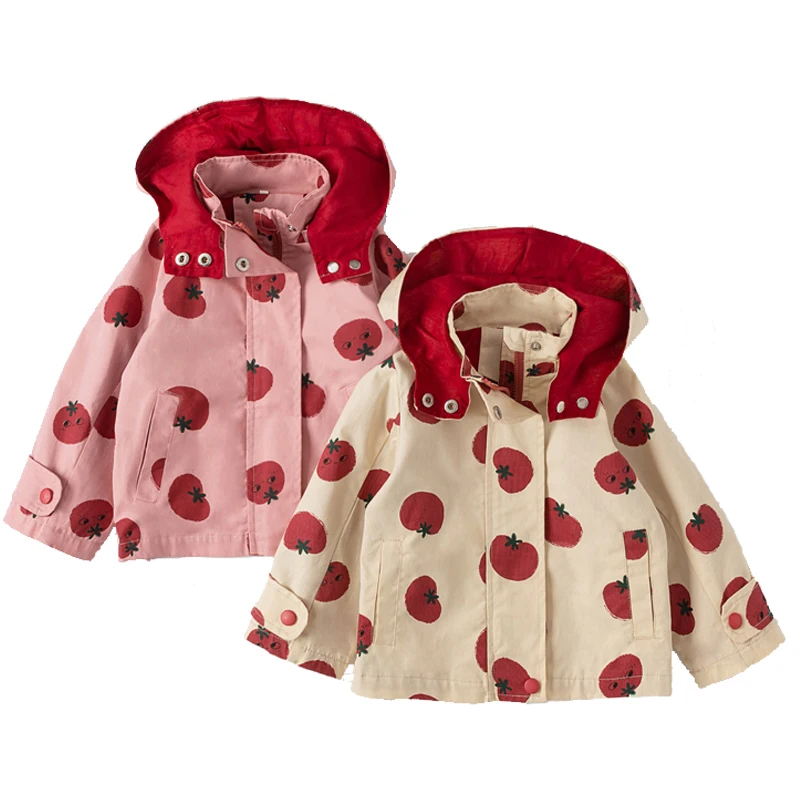 1-7Y Fashion Toddler Kids Baby Girl Spring Coats Clothes Cute Tomato Print Detachable Hooded Kid Jacket Coat Outwear Windbreaker