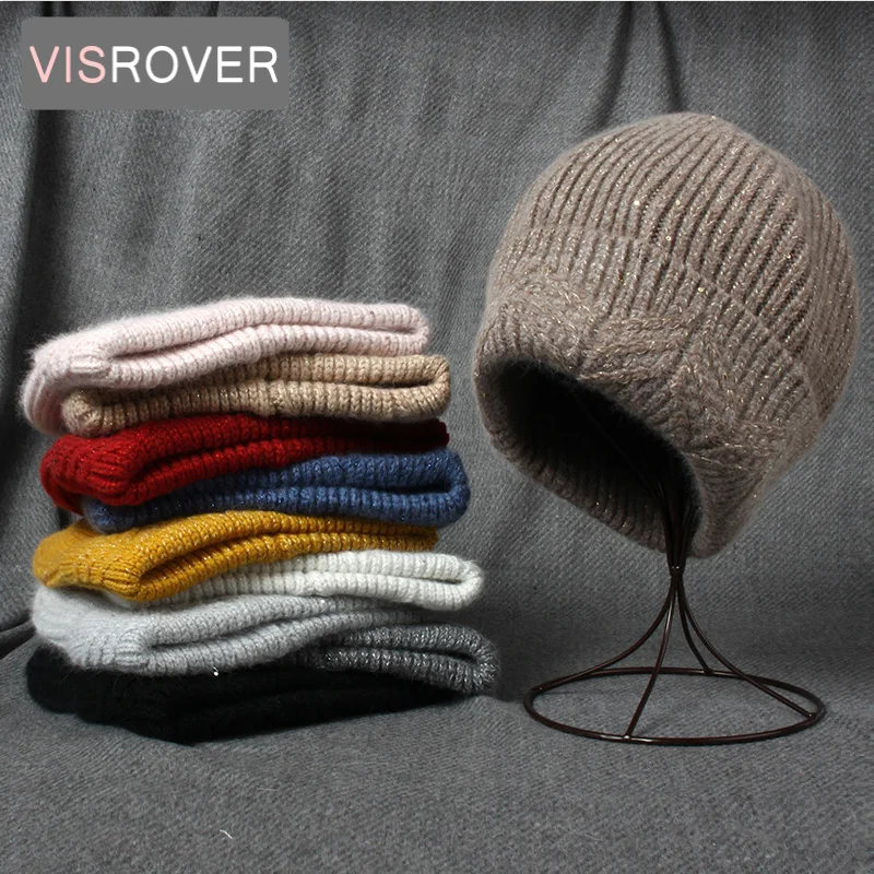 VISROVER Rabbit Cashmere Unisex Woman Winter Hat With Lurex Sequin Autumn Beanies Cashmere Woman Warm Wool Skullies Cap Gift