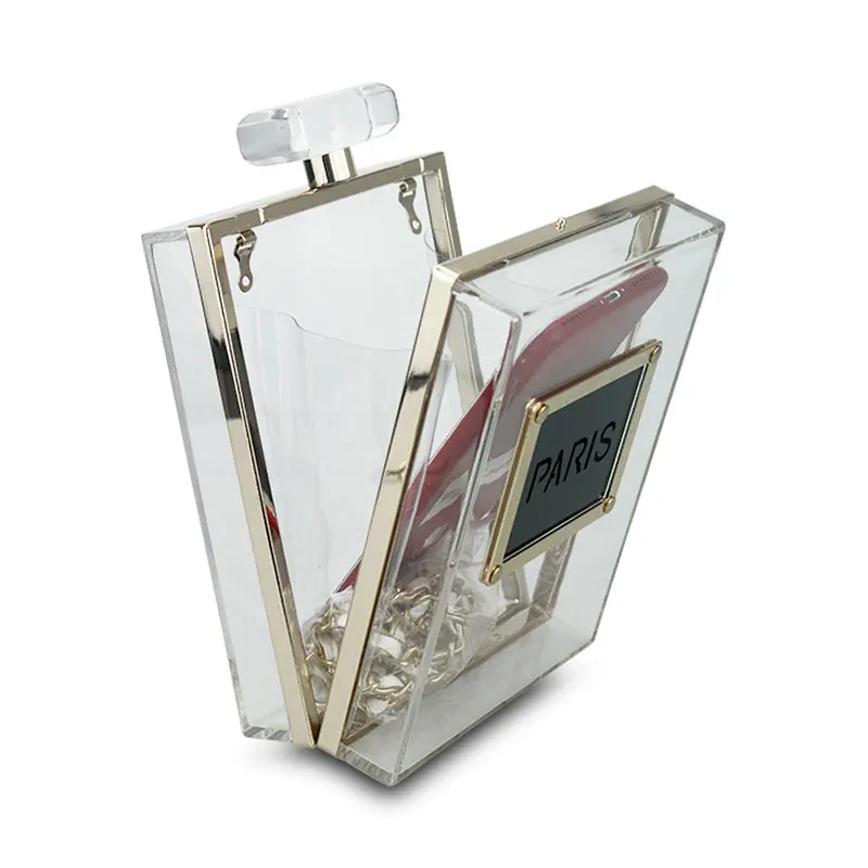 Fashion Luxury Silver Acrylic Perfume Bottle Women Clutches Purse Crossbody Shoulder Case Laides Paris Letter Box Evening Bag