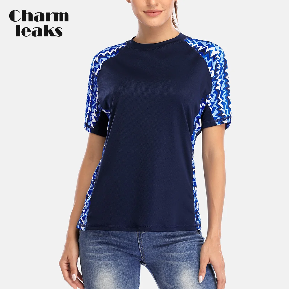 Charmleaks Women Short Sleeve Quick-drying Shirt Retro Flower Print Driving Top Rashguard Rash Guard UPF50+ Hiking Shirts