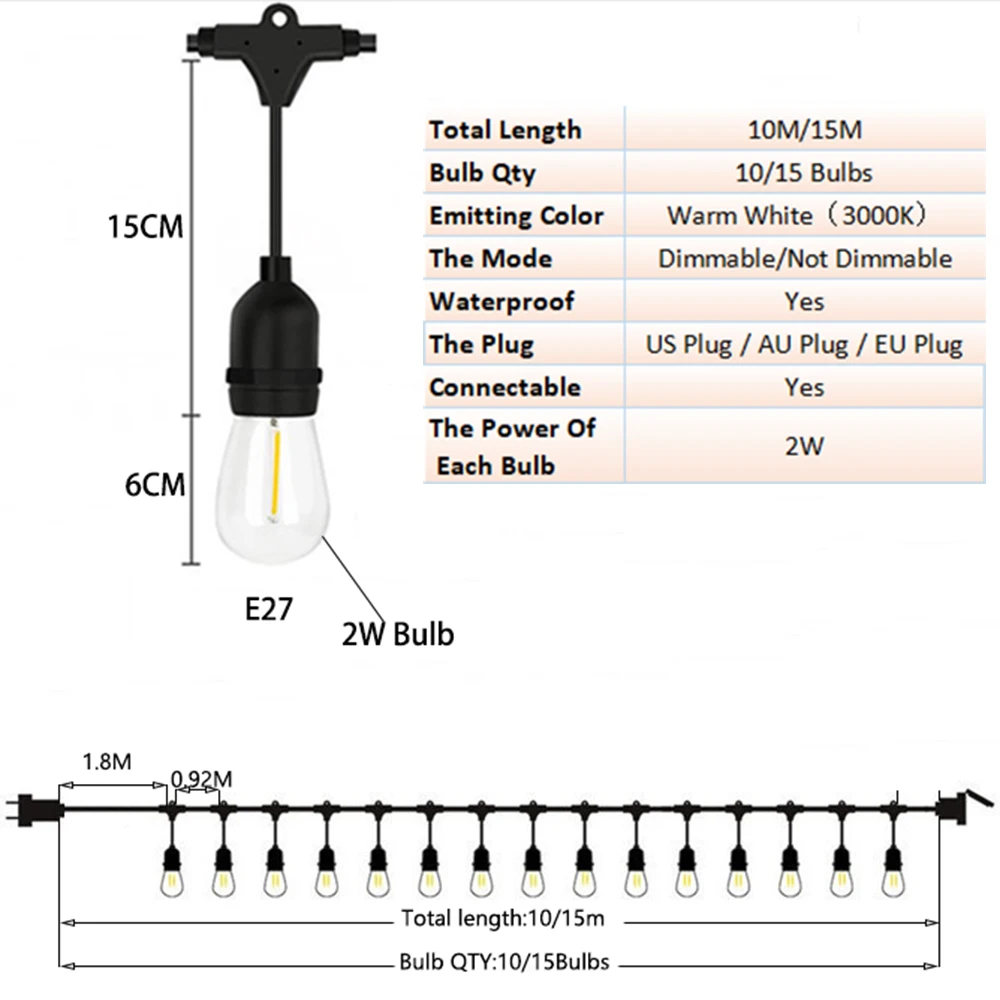 10M/15M LED String Lights S14 LED Retro Filament Bulb Globe Outdoor Street Garden Patio Holiday Lighting