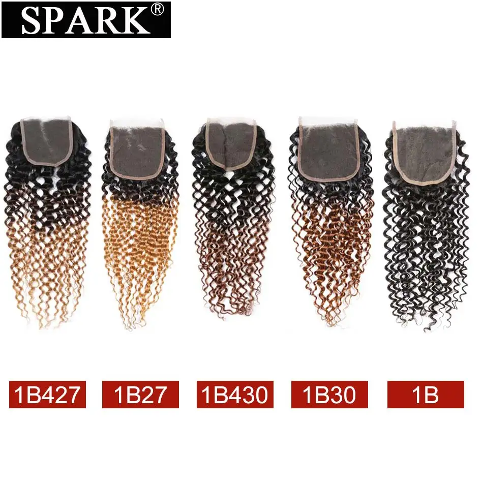 Spark Ombre Brazilian Kinky Curly Human Hair Lace Closure 8-22inch 1B/30&1B/27 Color With 1B/4/30&1B/4/27 Remy Hair Extensions