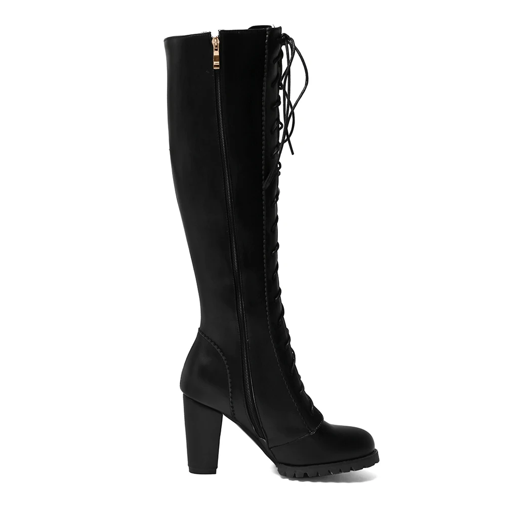 Black Knee High Boots Women High Heels Platform Boots Autumn Winter Long Boots Ladies Motorcycle Boots Red Botas Invierno Mujer