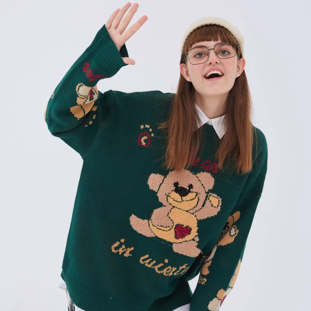 Suéter de manga larga Kawaii para mujer, ropa verde de dibujos animados, suéter Retro de punto Harajuku, Tops bonitos japoneses, suéter bonito