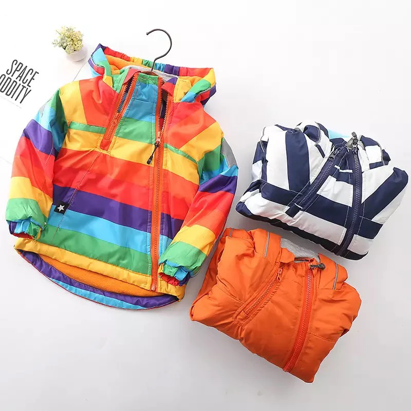 Autumn winter children outerwear kids warm coat hooded thickening waterproof windproof for boys girls rainbow stripe jacket 2-7y