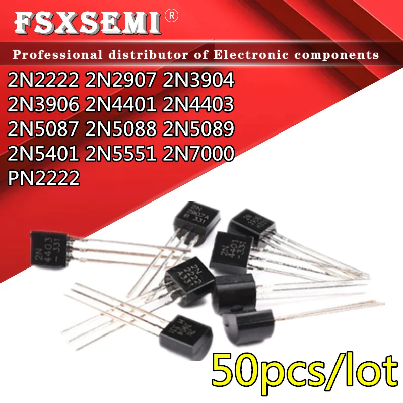 50pcs/lot 2N2222 2N2907 2N3904 2N3906 2N4401 2N4403 2N5087 2N5088 2N5089 2N5401 2N5551 2N7000 PN2222 Triode TO-92