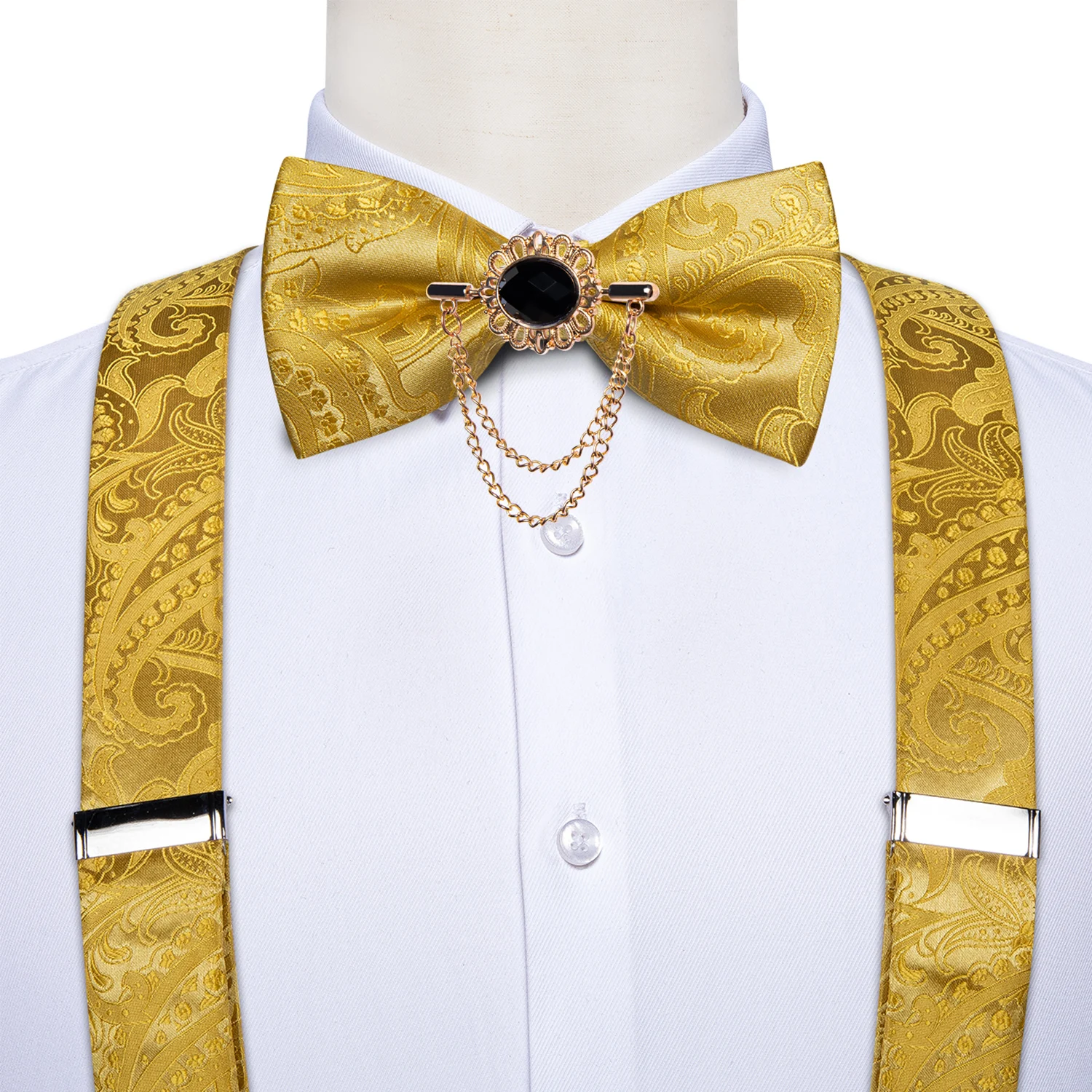 

Luxury Yellow Men Pants Suspender Bow Tie Set Formal Party Wedding Shirt Pants Accessories Y-Back Braces For Trousers DiBanGu