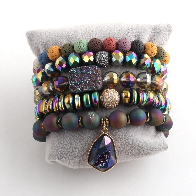 RH Fashion Jewelry Beautiful Beaded Bracelet Set Natural Stone Cubic Zircon Ball Crystal Pave Wristband bangles