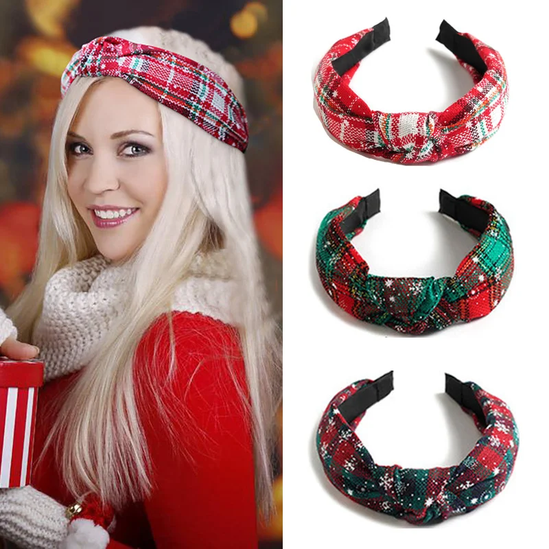 Christmas Hair Bands for Women Girl Vintage Check Stripe BowKnot Cross HeadBand Christmas Festival Decor Hair Band Headwear Gift