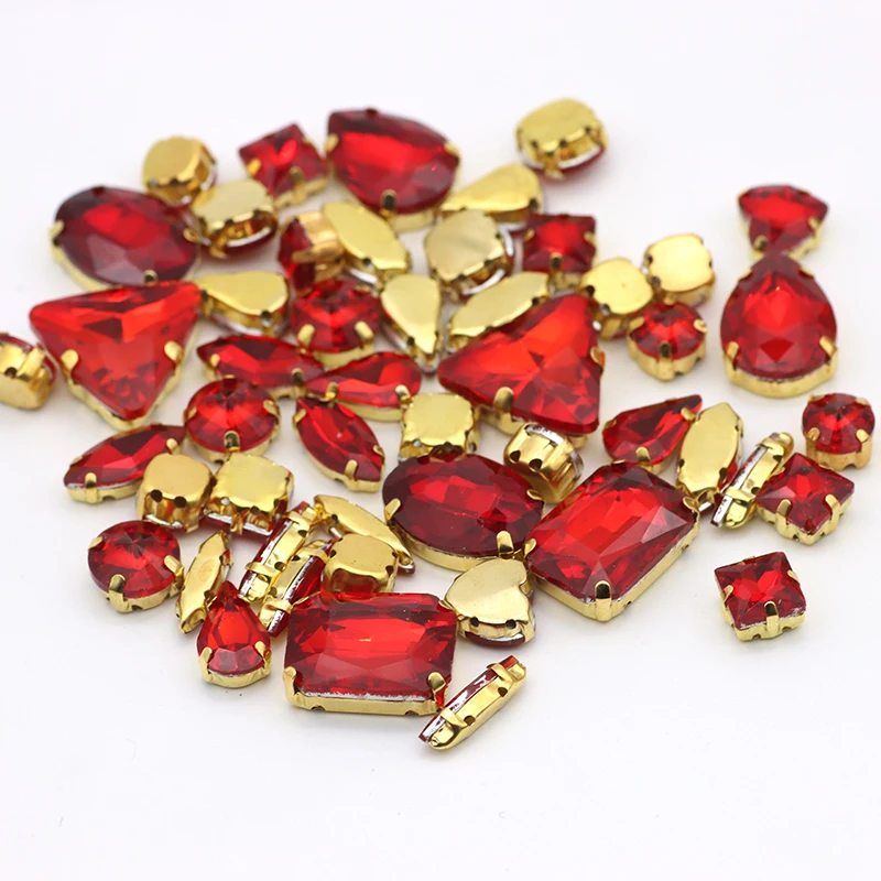 Gold Claw Setting 20pcs/bag Mix Shape clear AB Colorful Glass Crystal Sew on Rhinestone Wedding Dress Shoes DIY Decoration