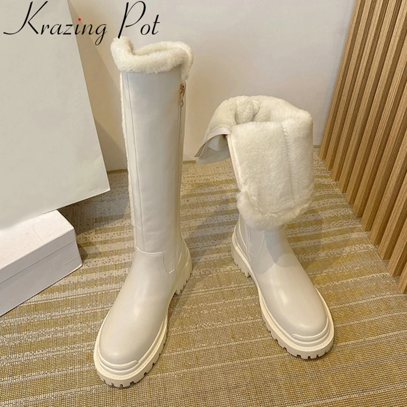 

Krazing Pot Comfortable Big Size Cow Leather Round Toe Med Heel Fur Snow Boots Winter Shoes Warm Concise Zipper Thigh High Boots