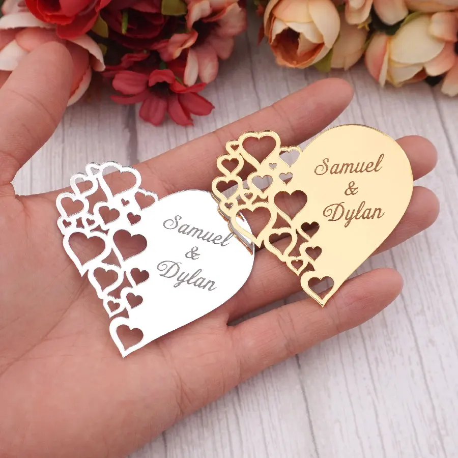 30 Pieces/Lots Personalized Acrylic Mirror Heart Hollow Out Design Love Stickers Custom Couple Name Wedding Favors Tags Cards