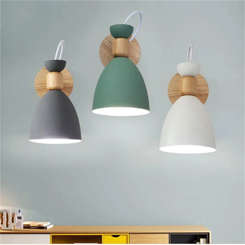 

Nordic Solid Wood Bedroom Wall light Modern Macaron LED E27 Wall Lamp Minimalist Study Living Room Adjust Head Indoor Lighting