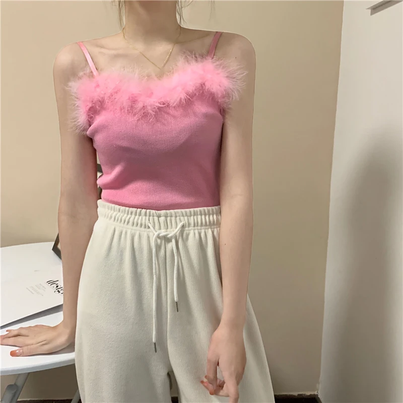 Women Fashion Soft Fur Collar Knitting Tank Tops Girls Knitted Camisole Fluffy Feather Camisole Bustier Party Tube Crop Tops