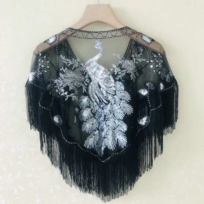 

Chinese Phoenix Tassel Sequin Spring Summer Women's Sequins With Shawl Mesh Cloak Girl Versatile Sunscreen Fashion Lace Silver