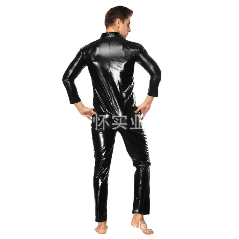 S-4XL Wet Look Catsuit Long Sleeve Close Zipper Open Crotch Bodysuit Sexy Tights Jumpsuit Mens Hot Shapers Leotard Body Clubwear