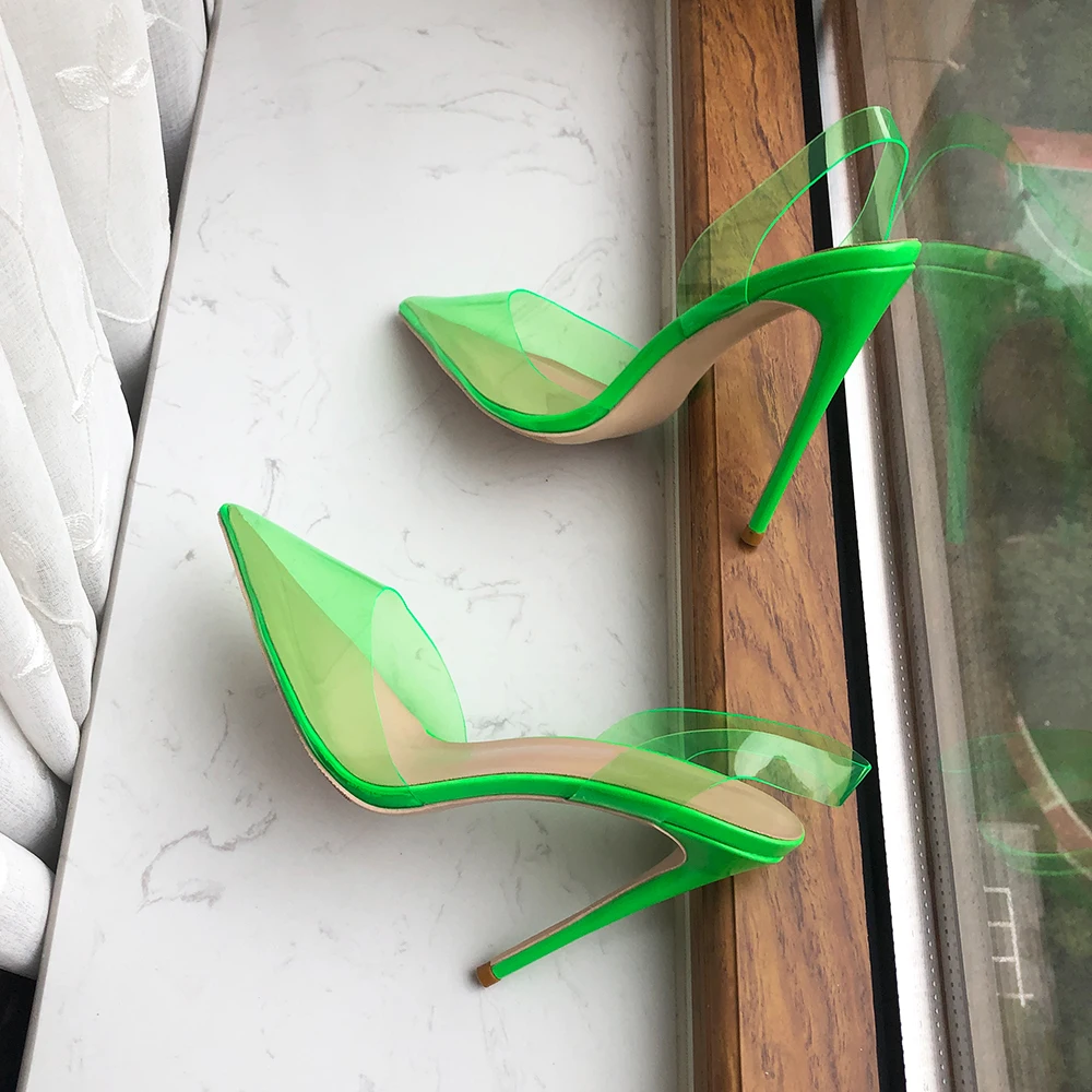 Tikicup estate donna morbido PVC verde punta a punta tacco alto sandali con cinturino Designer Stiletto pompe scarpe da festa 8cm 10cm 12cm