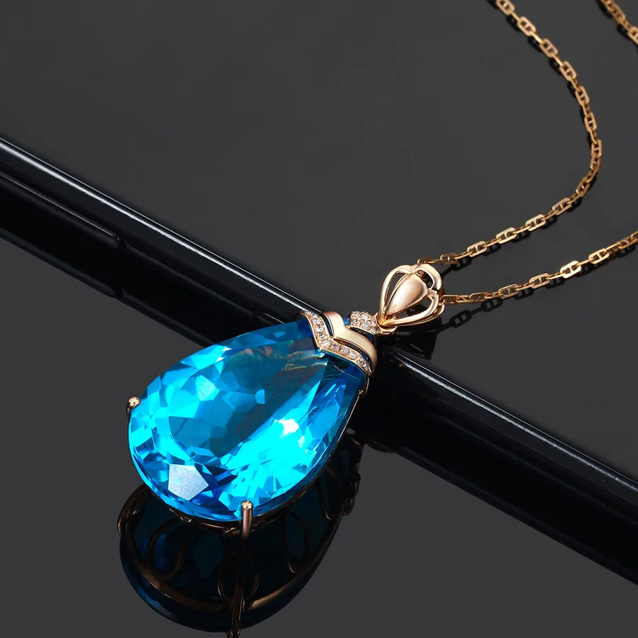 14K rose Gold Necklace Blue Sapphire Pendant for Woman Topaz Drop Chalcedony Pendant pierscionki Colgante Bizuteria jewelry