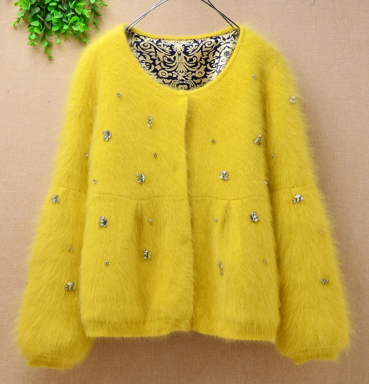 Super sale women korean fashion short mink cashmere beading cardigan long puff sleeve angora fur knitted sweater coat jacket top