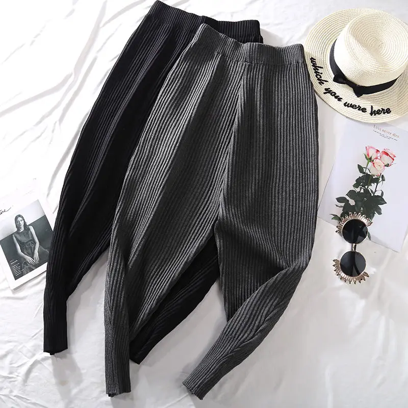 Knitted Harem Pants Women\'s 2022 Winter Fashion Korean High Waist Cross Warm Pants Causal Loose Ankle-length Trousers Female 2XL