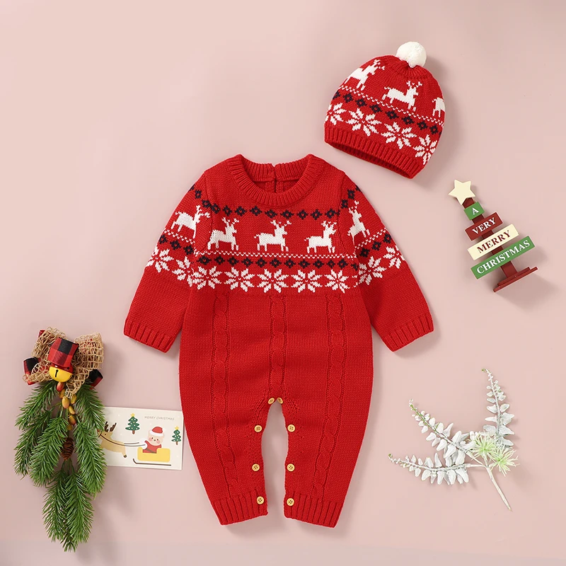 Christmas Baby Rompers Knit Newborn Boy Jumpsuit Outfit Long Sleeve Infant Girl Clothing Hat Cute Elks 2PCS Xmas Playsuit Winter