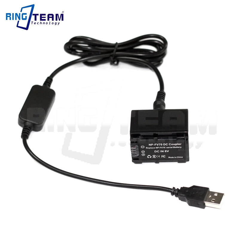 USB to DC 5525 Male Cable + NP-FV70 Dummy Battery USB To NP-FV70 DC Coupler for Sony HDR-CX180E CX360E CX700E XR160E PJ10E PJ30E