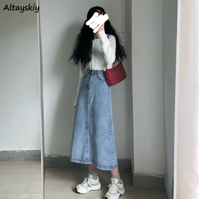 

Skirts Women Denim Long Ulzzang Students Classy Lovely Girlish Casual A Line Pockets High Waist Stylish Chic Newest Streetwear