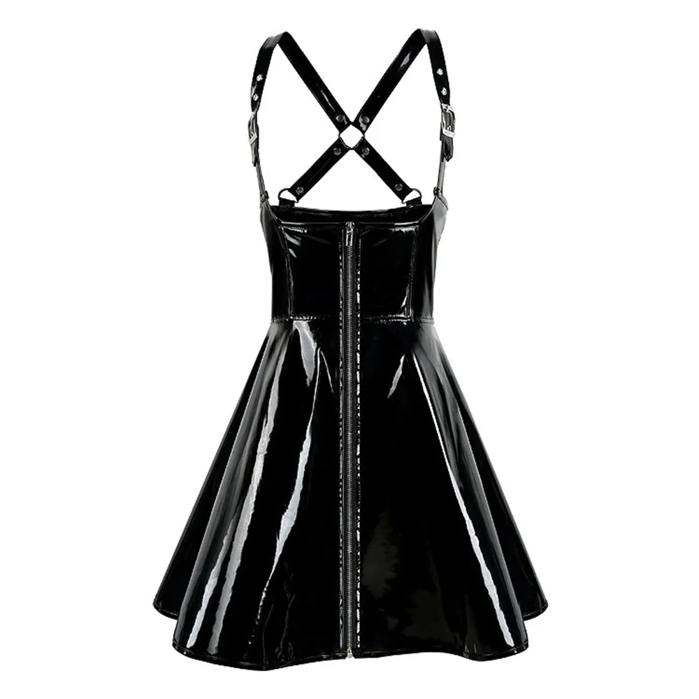 

Sexy Women Wet Look PVC Latex Leather Dress Club Party Black Sling Belted Faux Leather Underbust Dress S-2XL