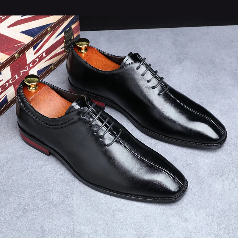 Men\'s Formal Shoes Square Head Fashion Leather Shoes Men Large Size Lace Up Business Dress Shoes Quality Wedding Male Shoes