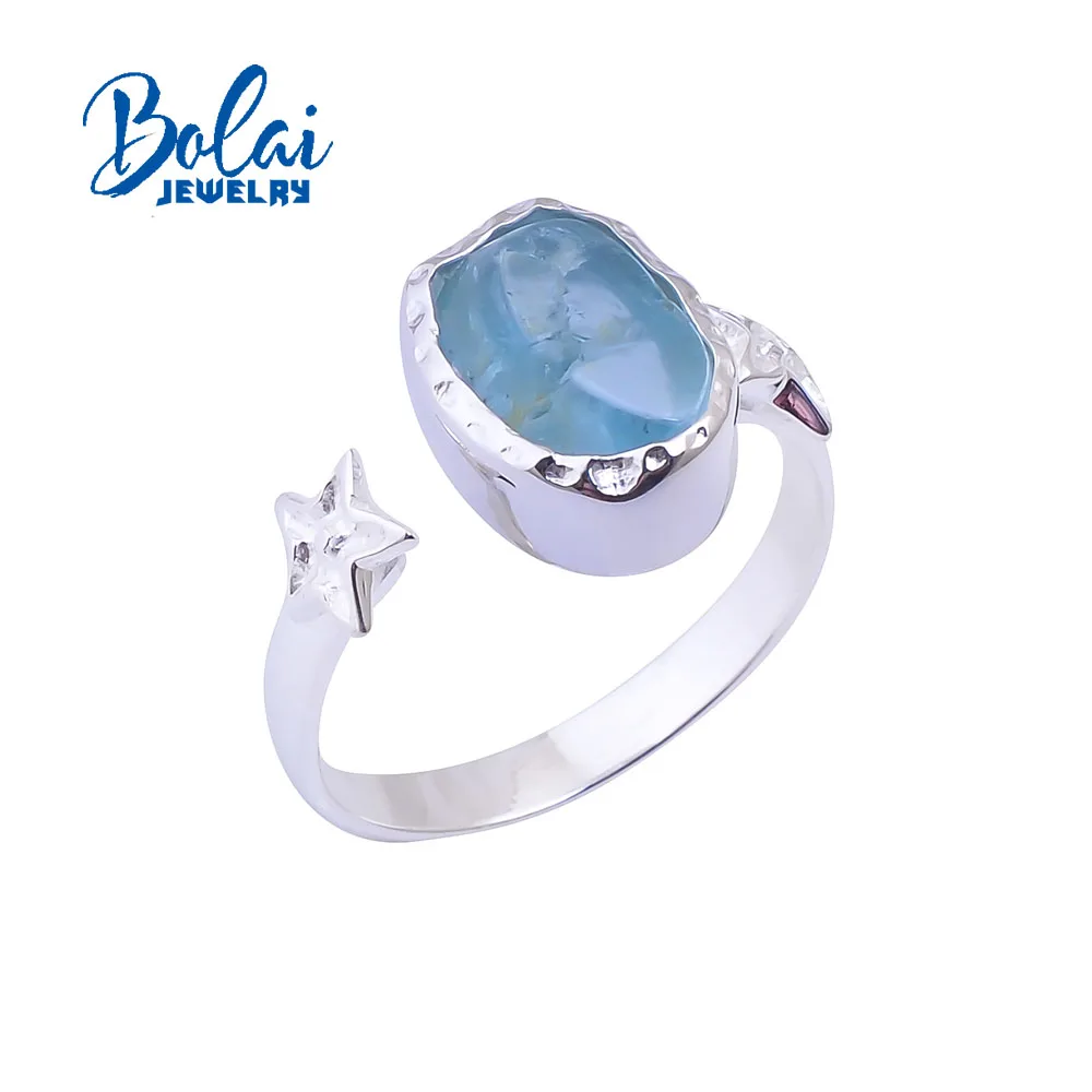 

Bolaijewelry, 925 sterling silver handmadenatural aquamarine gemstone rough Simple adjustable ring