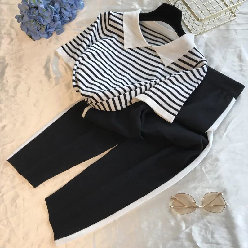 New Fashion Stripe Patchwork Knitted Two Peice Set Women Turn-down Collar Short Sleeve Sweater Tops+harem Pants Casual Tracksuit