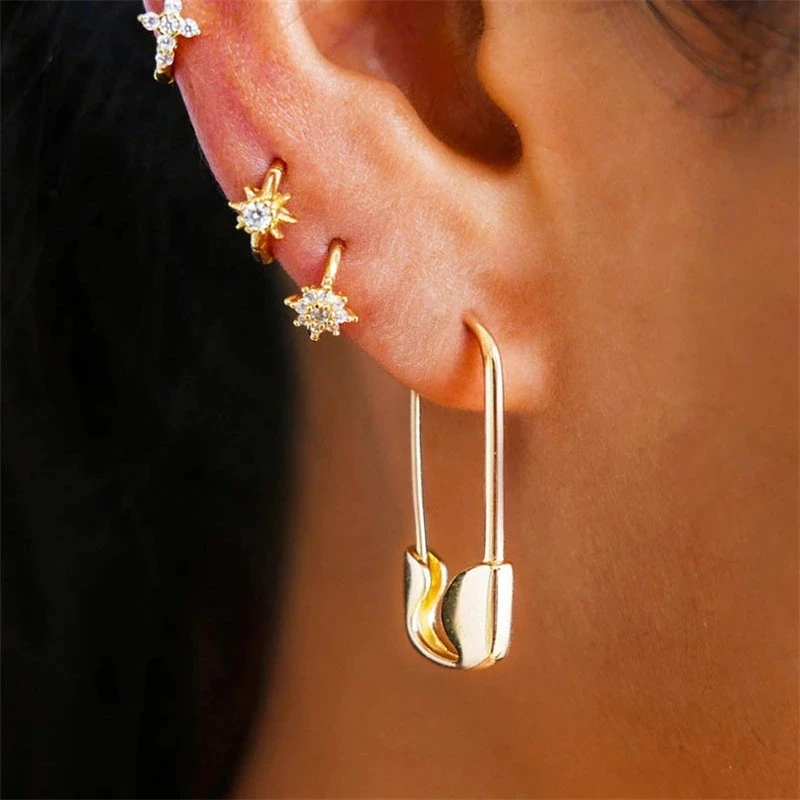 Punk Rock Safety Pin Stud Earrings Small Paper Clip Piercing Earrings For Women Gold Color Hooks Female Jewelry Gifts