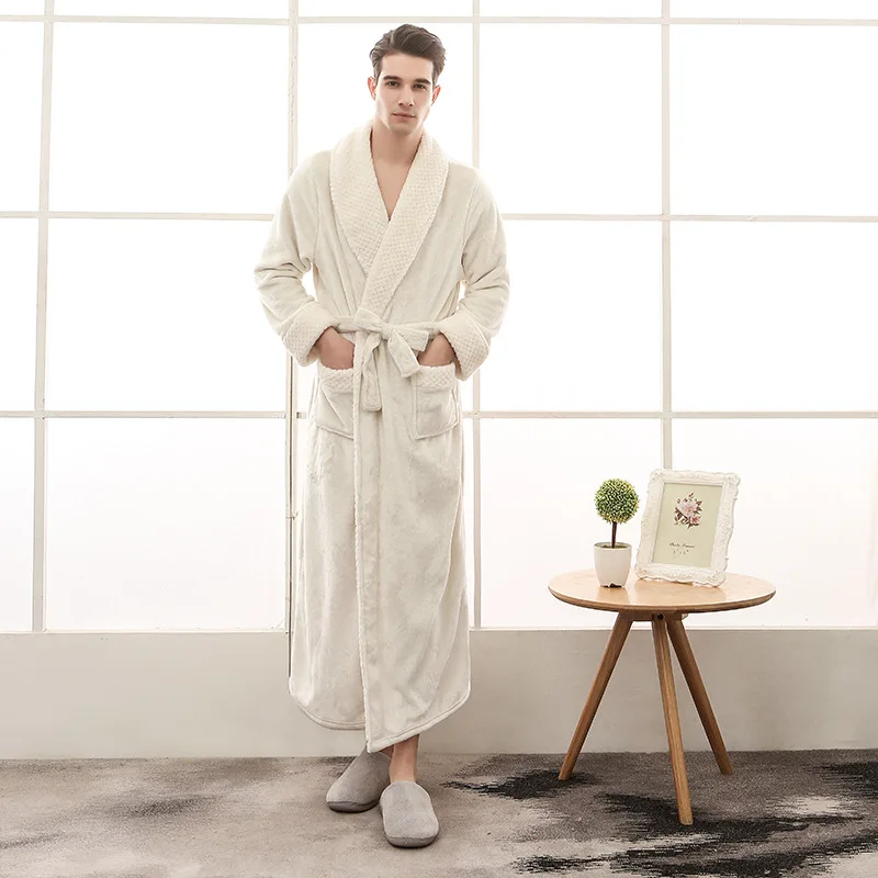 NEW Winter Men Sleepwear Flannel Warm Robe Kimono Bathrobe Casual Home Wear Male Dressing Gown Long Sleeve Nightgown