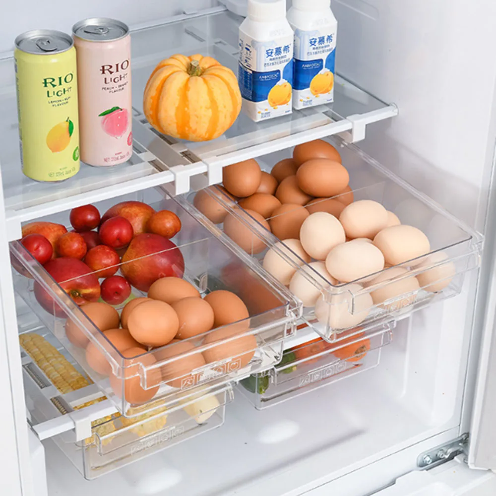 Fridge Organizer Storage Rack Fridge Freezer Shelf Pull-out Refrigerator Storage Box Food Preservation Partition Container