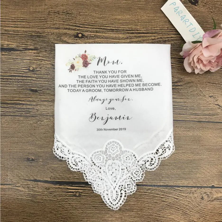 

Custom any language Mother of the Bride handkerchief, mother in law hankies, CUSTOMIZED PRINTED Wedding Hankies-Gift for Mom