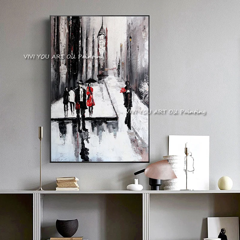 The Handmade City View Busy People Oil Painting On Canvas Frameless Wall Art Pictures Rain Streetstep For Hotel Adult Decoration