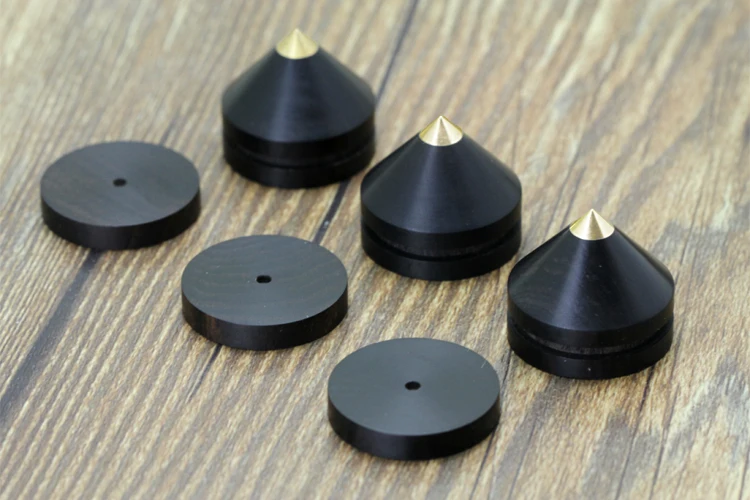 

8pcs Ebony Wooden Speaker Stand Feet Copper Tip Spike Cone + Base Pad Isolation Kit Set