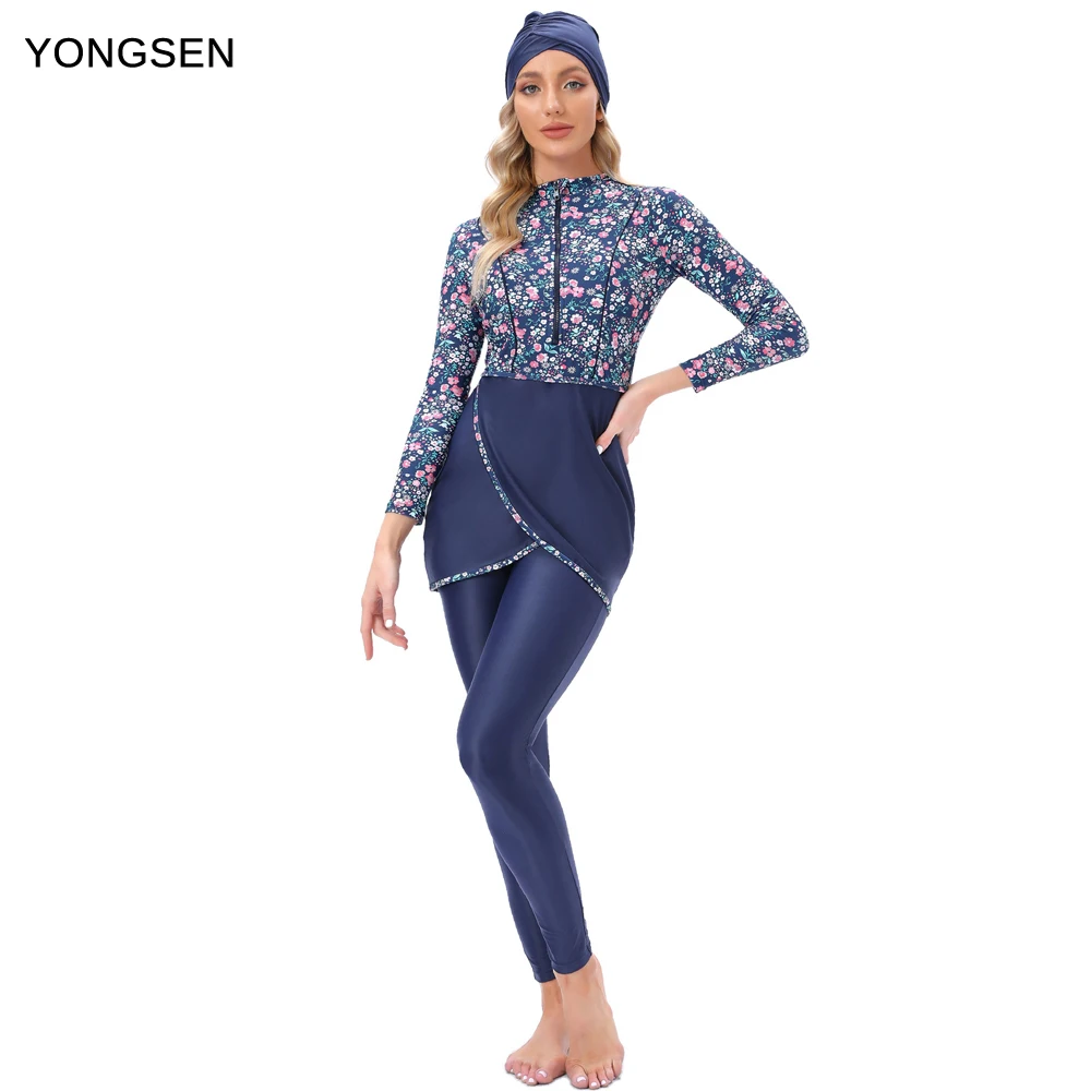 Yongsen Vrouwen Moslim Badmode Sport Badpak Islamitische Wear Badpak Modest Burkini Bra Padding Patchwork Hijab Lange Mouwen