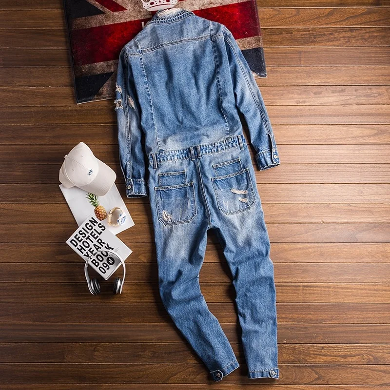 

Mens Fashion One Piece Denim Jumpsuit Hole Ripped Jeans Long Sleeve Baggy Overalls Denim Cargo Pants Casual Cowboy Streetwear