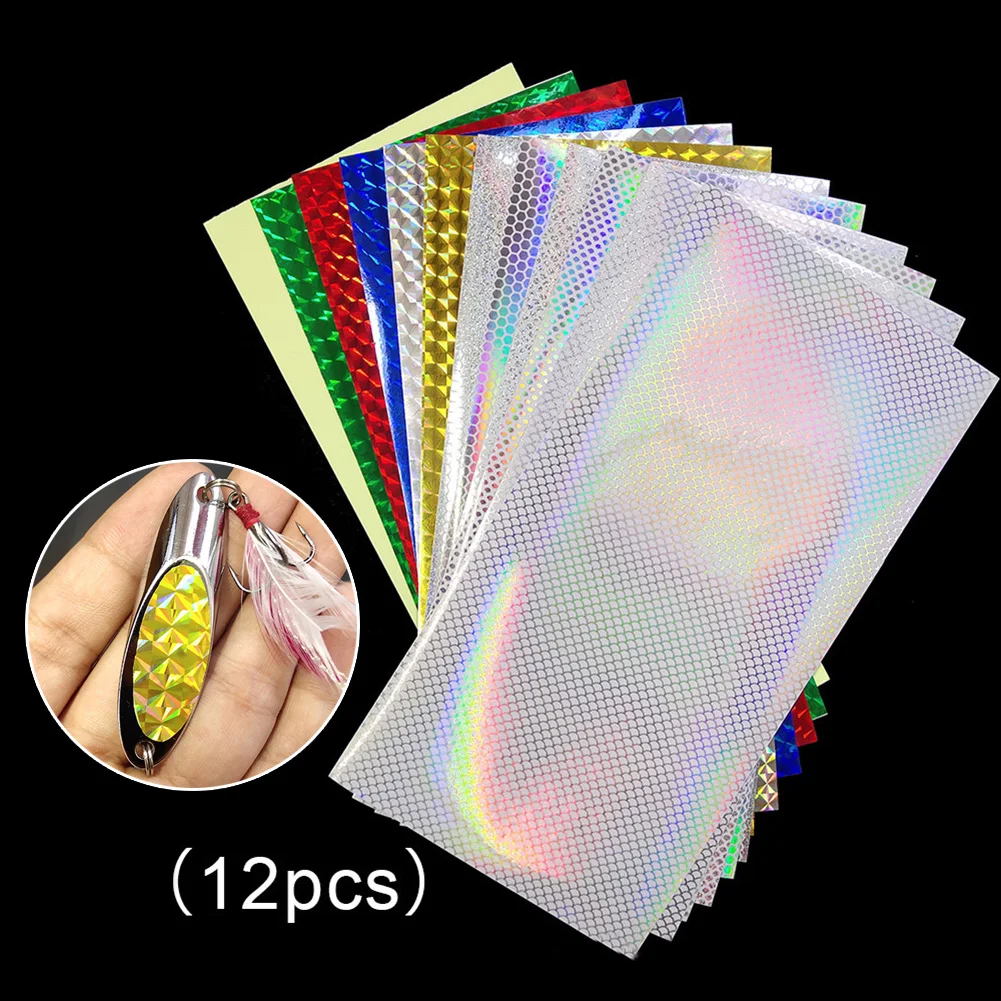 12pcs 20x10cm Lure Tape DIY Fish Reflective Holographic  Bait Sticker Transparent Fish Scale Square Laser Flash Sticker Fishing