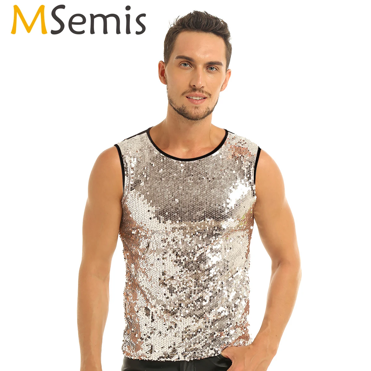 MSemis Men\'s Glitter Sequins Tank Top Fashion Summer Crop Top Vest Slim Muscle Tank Tops Hip Hop Clubwear Stage Rave Costume