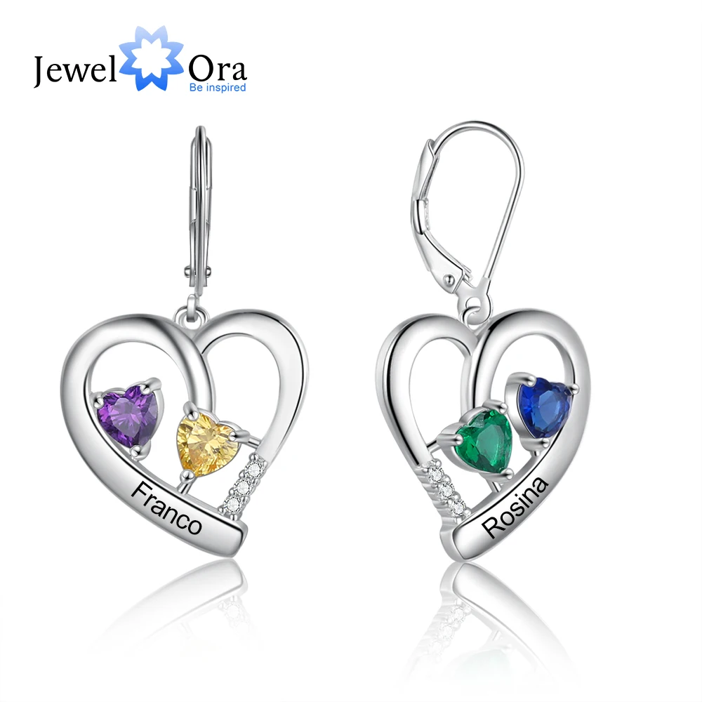 JewelOra Classic Personalized Heart Earrings with 4 Birthstones Customized 12 Colors Engraved Name Hoop Earrings for Women Gifts