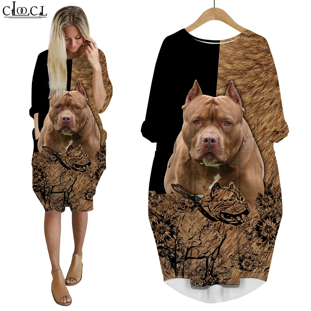 CLOOCL Women Dress Animal Pitbull 3D  All Over Printed Loose Daughter Skirt Streetwear Fashion Long Sleeve Pocket Female Dresses